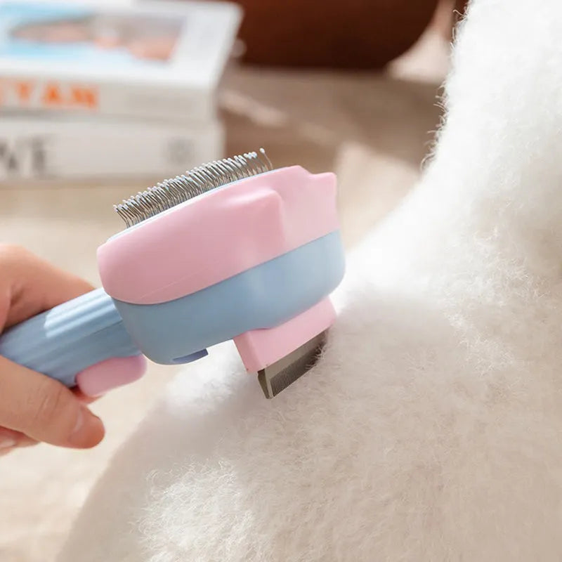 Blue double-sided pet grooming brush with deshedding rake and dematting comb on a 195mm handle.