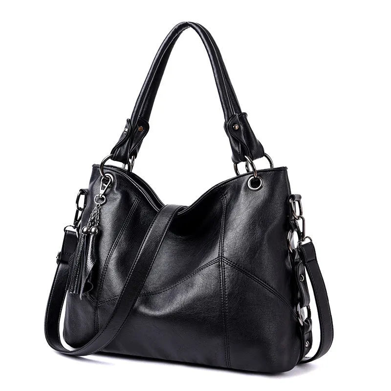 Women's PU tassel crossbody shoulder bag in bucket shape with three straps, available in black, blue, taro purple, wine red