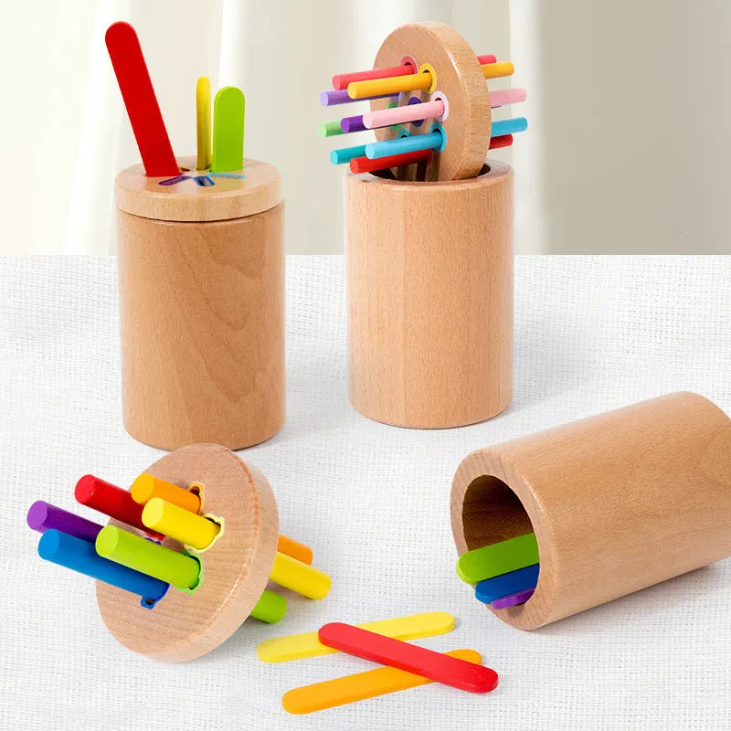 Children's educational wooden toy set with transparent double lid cup, 18 round sticks, and 14 ice cream sticks