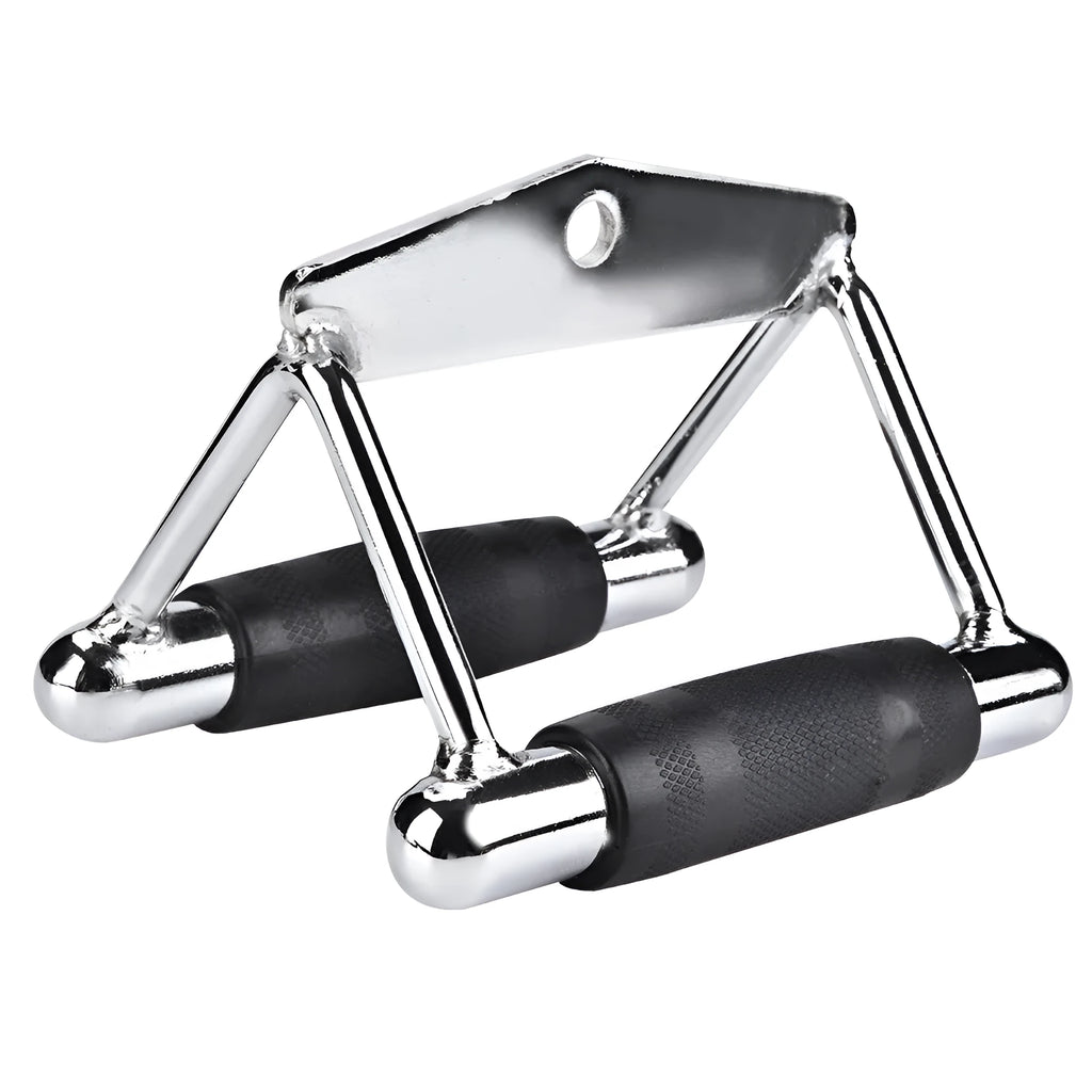 Steel triangle bar cable machine attachment in silver finish with central D-ring