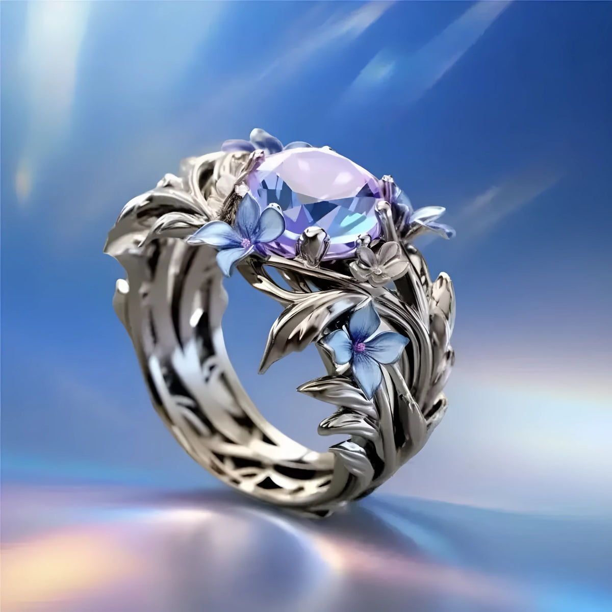 Silver enamel oil process ring for women, zinc alloy with electroplating, sizes 6 to 10