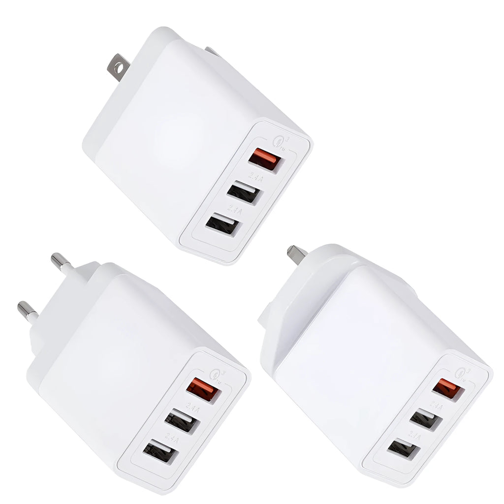 White 3 USB port mobile phone charger with EU, UK, and US plug options, 2400mA charging current