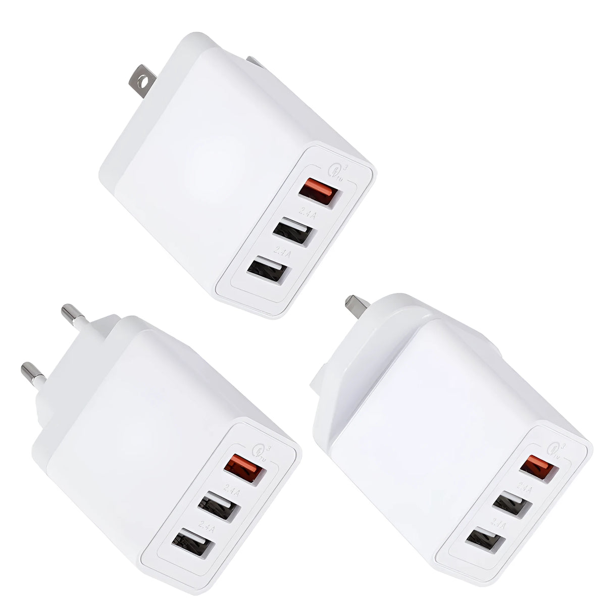 White 3 USB port mobile phone charger with EU, UK, and US plug options, 2400mA charging current