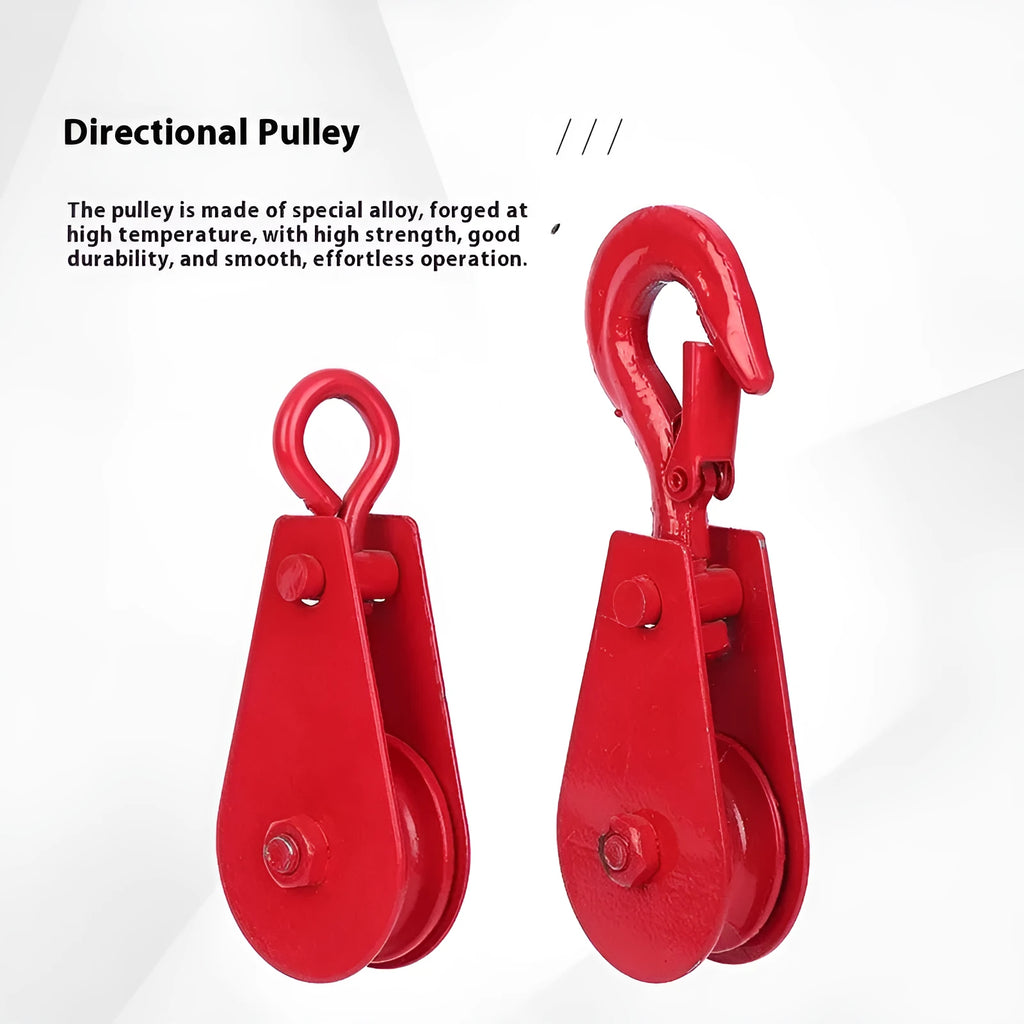 Red industrial forged steel lifting pulley with safety latch on hook for general load lifting.