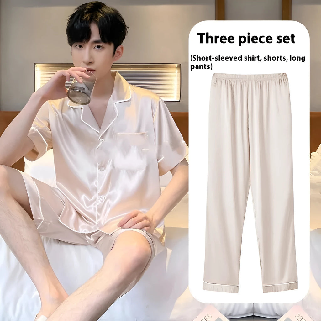 Men's thin ice silk three-piece homewear set in a choice of colours including black, blue, and champagne.