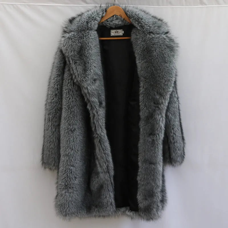 Men's dark gray imitation fox fur long-cut coat with loose fit and side pockets on a model