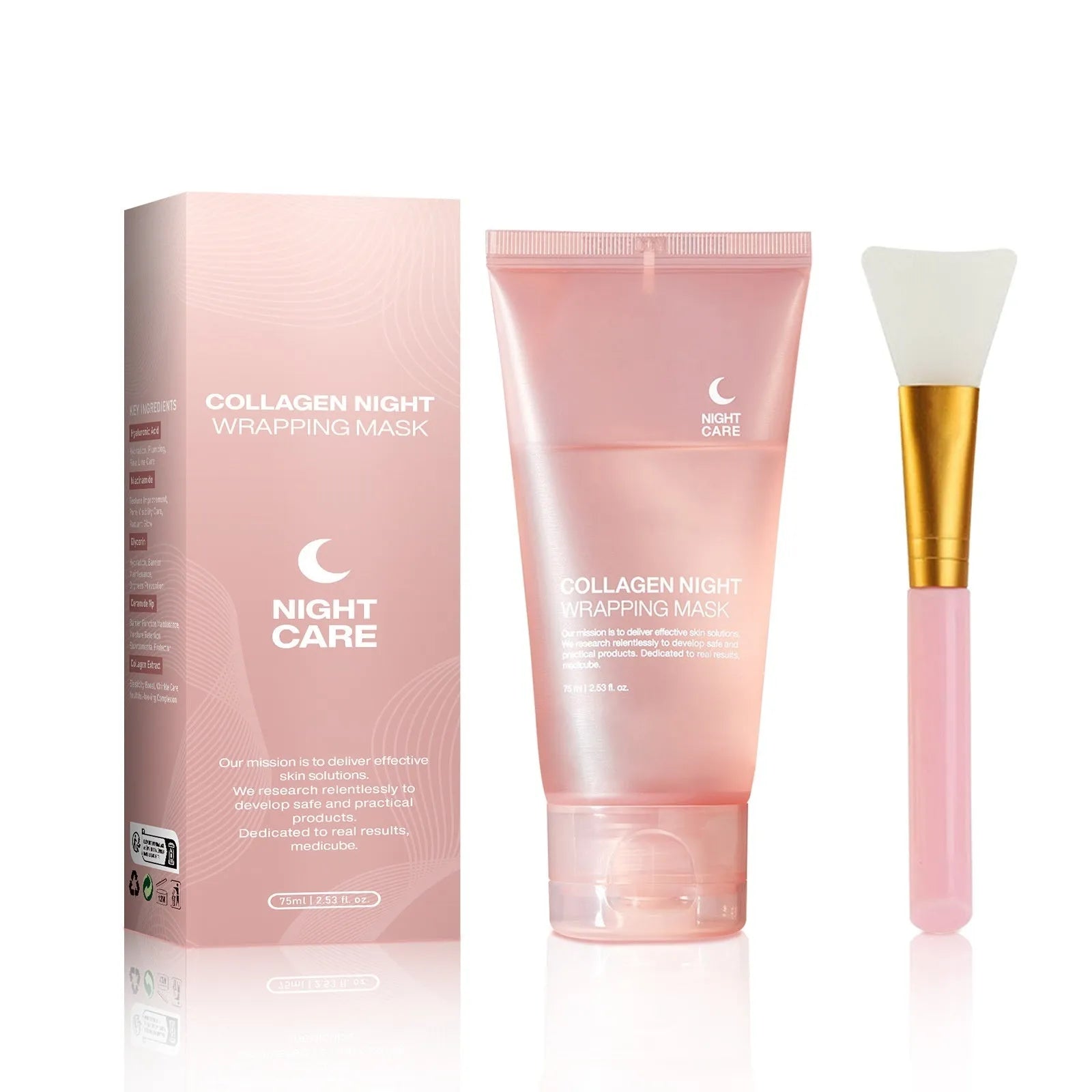 75ml bottle of collagen night mask with applicator brush for skin firming and hydration.