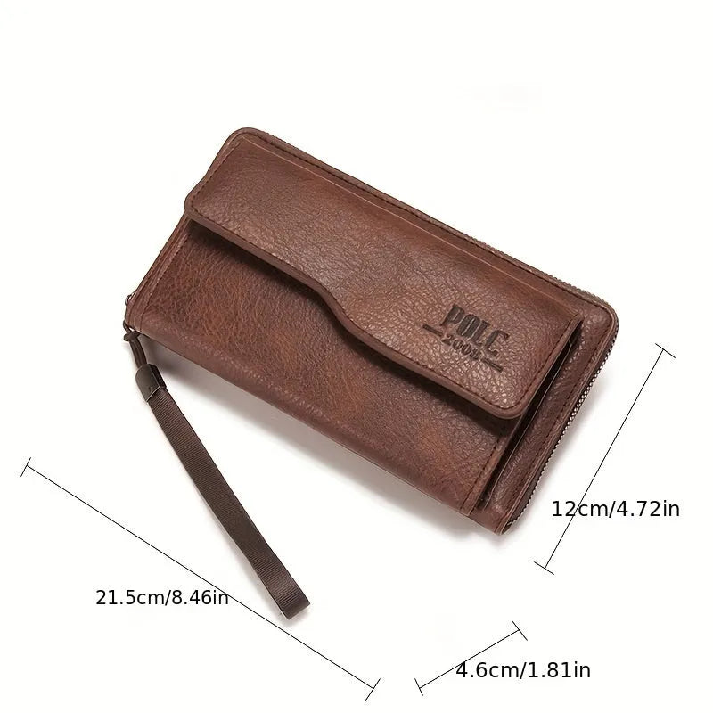 New men's long zipper wallet in black with multiple card slots and large capacity for mobile phone