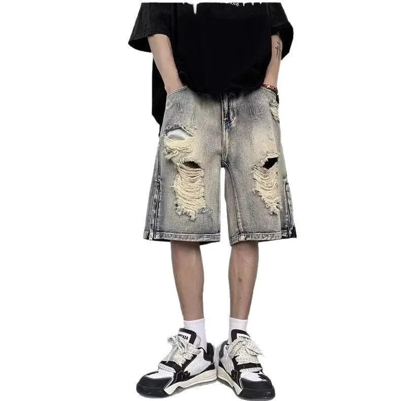 Blue retro distressed denim shorts with wide-leg loose fit on Asian size mannequin