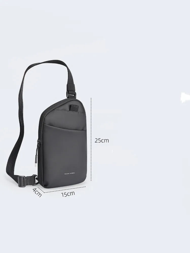 Men's black Oxford cloth crossbody bag showing sewing thread details and simple design