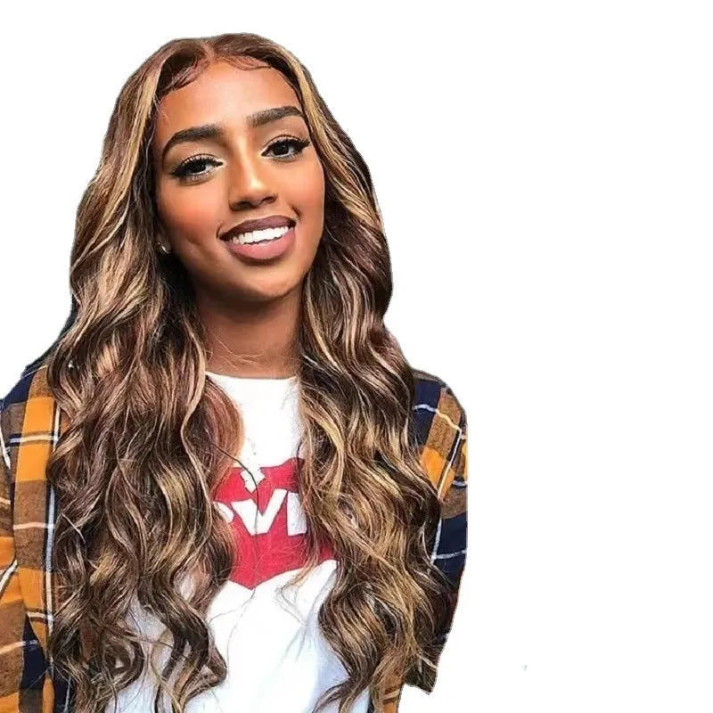 Front lace wig with African black gradient colour and big wave styling in long curly synthetic hair