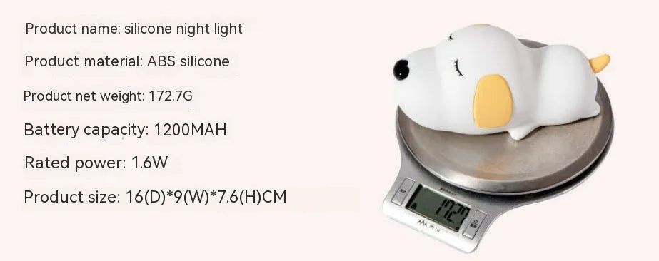 Silicone cartoon dog night light with two-tone design, shown with USB charging cable.