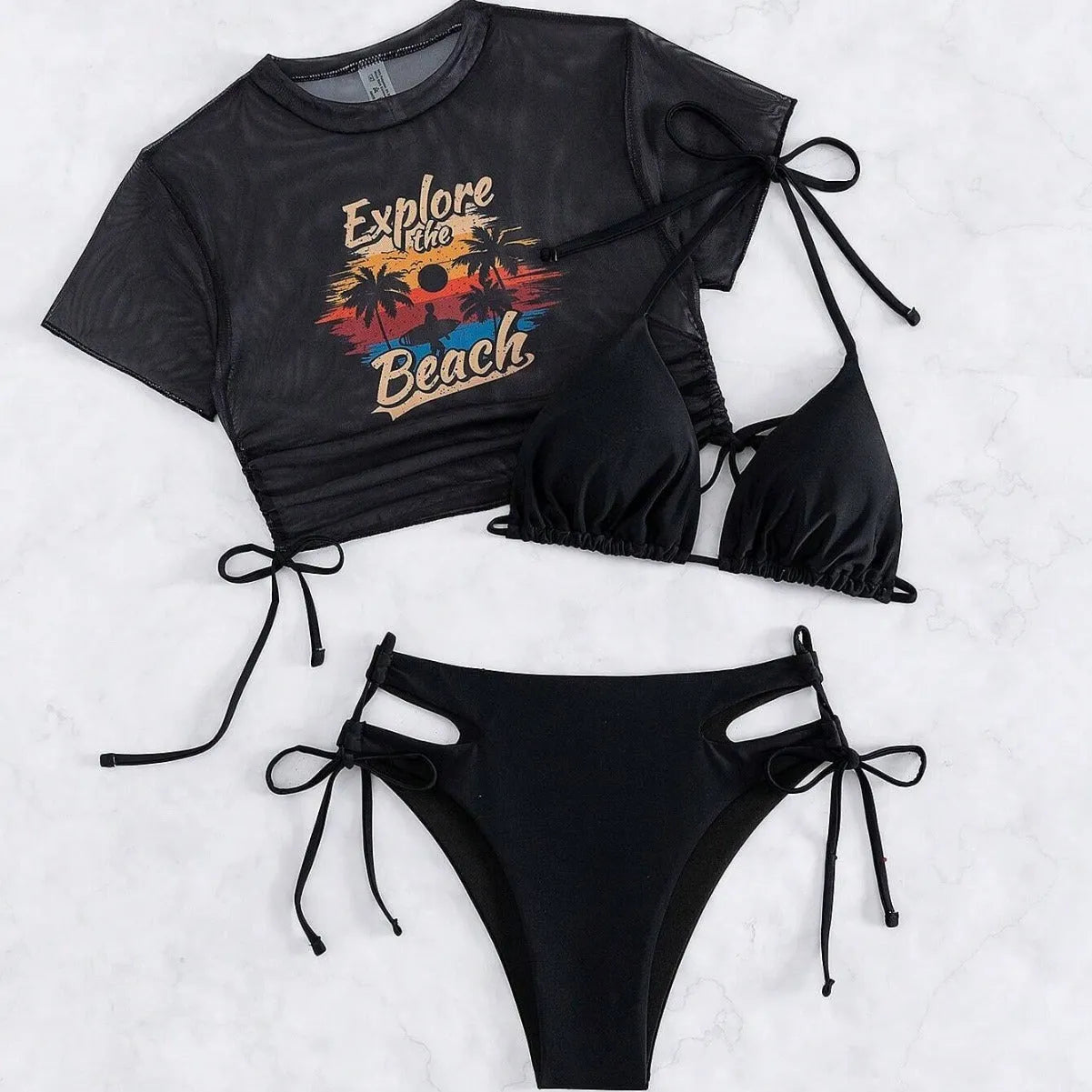 Women's three-piece swimsuit set in nylon, shown in black, white, pink, or orange red