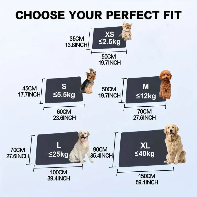 Washable dog pee pads in tan and grey colours showing multiple size options for pet protection