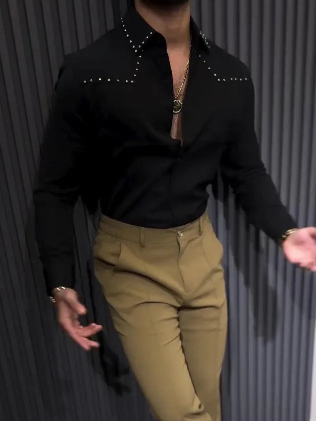Black polyester button-down collar shirt with regular fit, front view, on plain background.