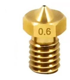 Brass 3D printer nozzle with M6 thread and multiple aperture size options from 0.2mm to 1.0mm.