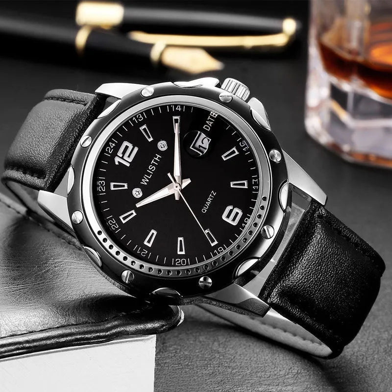 Waterproof men's calendar quartz watch with black dial and steel strap, 11mm thickness, sporty style