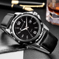 Waterproof men's calendar quartz watch with black dial and steel strap, 11mm thickness, sporty style