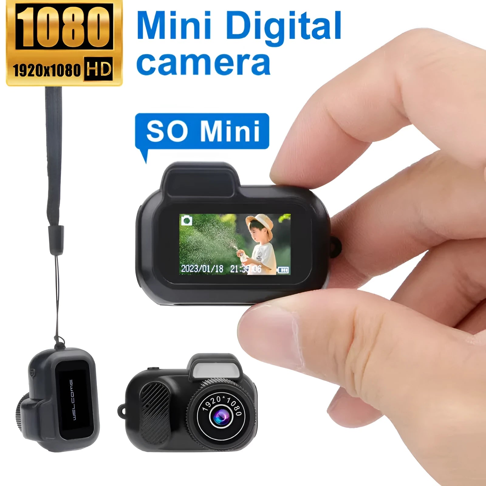 Retro style black mini camera with built-in screen for 1080p HD video recording