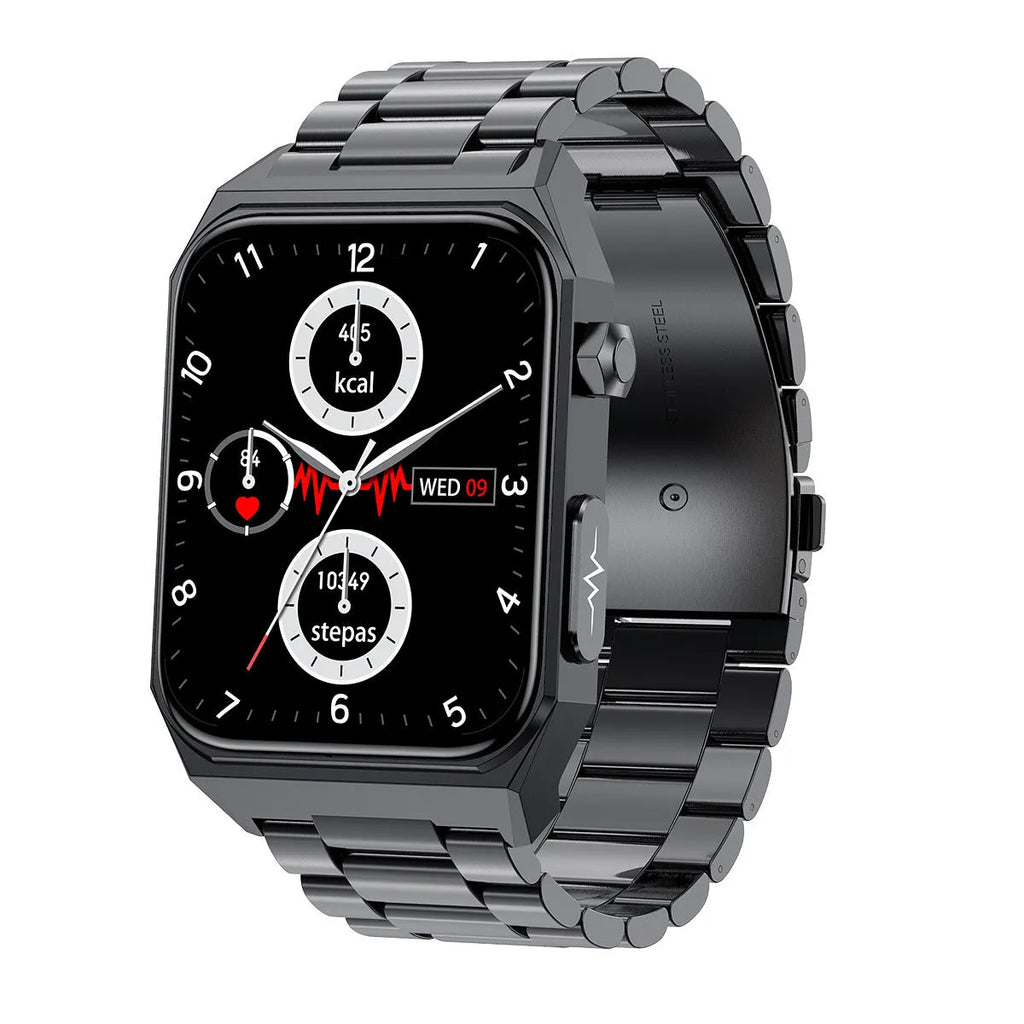 New E530 blood glucose smart watch with 1.91-inch HD touch screen and ECG monitoring on a black wristband