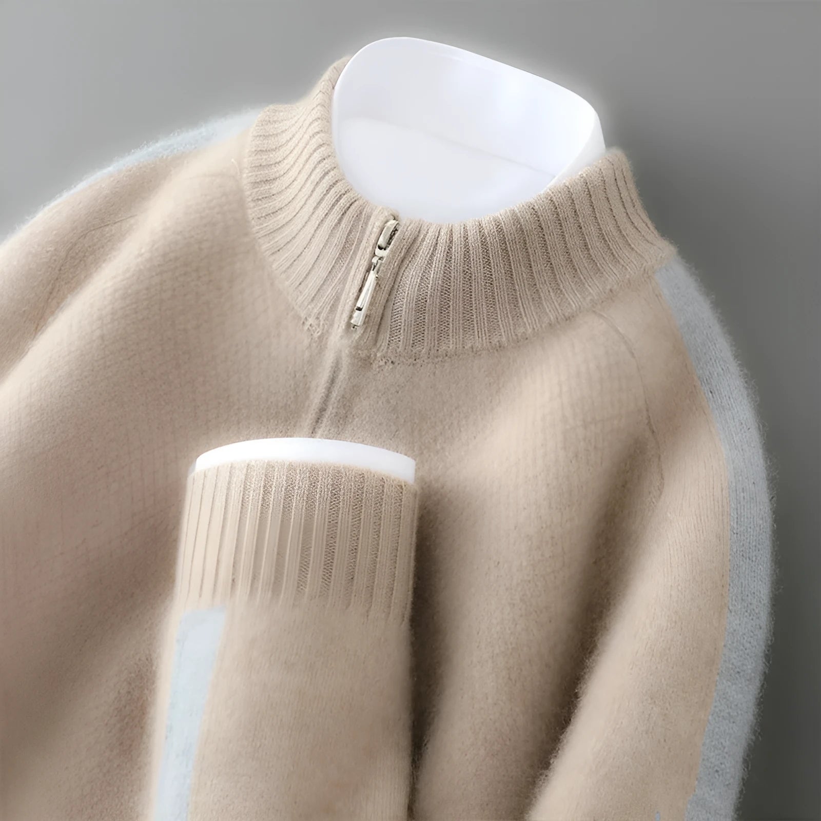 Plus-size slim fit sheep wool sweater with a half-height zip round neck in pea green colour