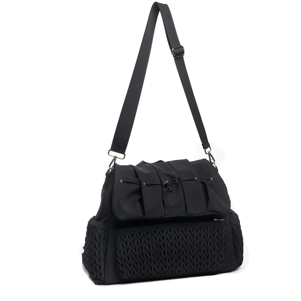 Black polyester one-shoulder insulated waterproof bag with curved strap and woven detailing