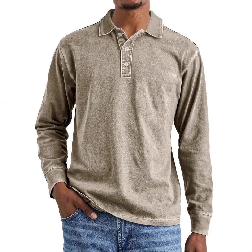 Retro washed distressed pure cotton long sleeve polo shirt with lapel collar in multiple colours.