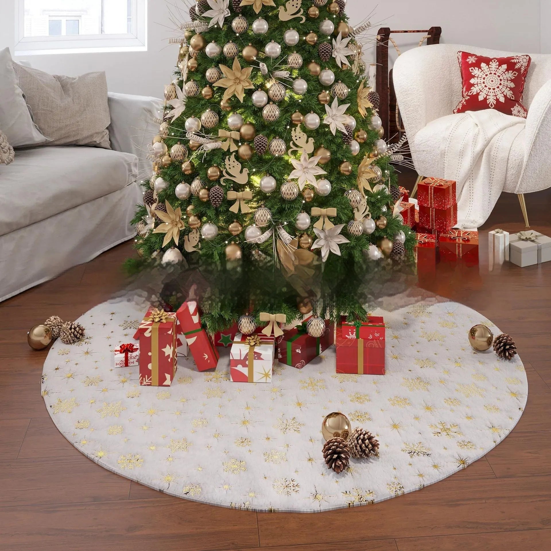Plush festive mat with Christmas tree design under a decorated tree