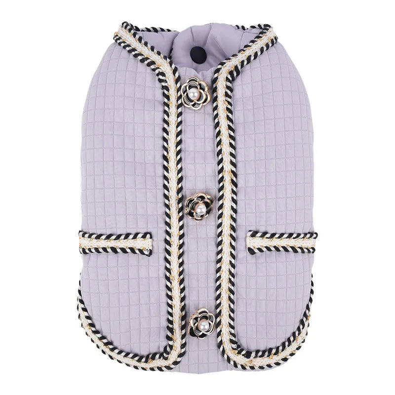 Quilted cartoon-style dog coat in light purple colour for winter warmth
