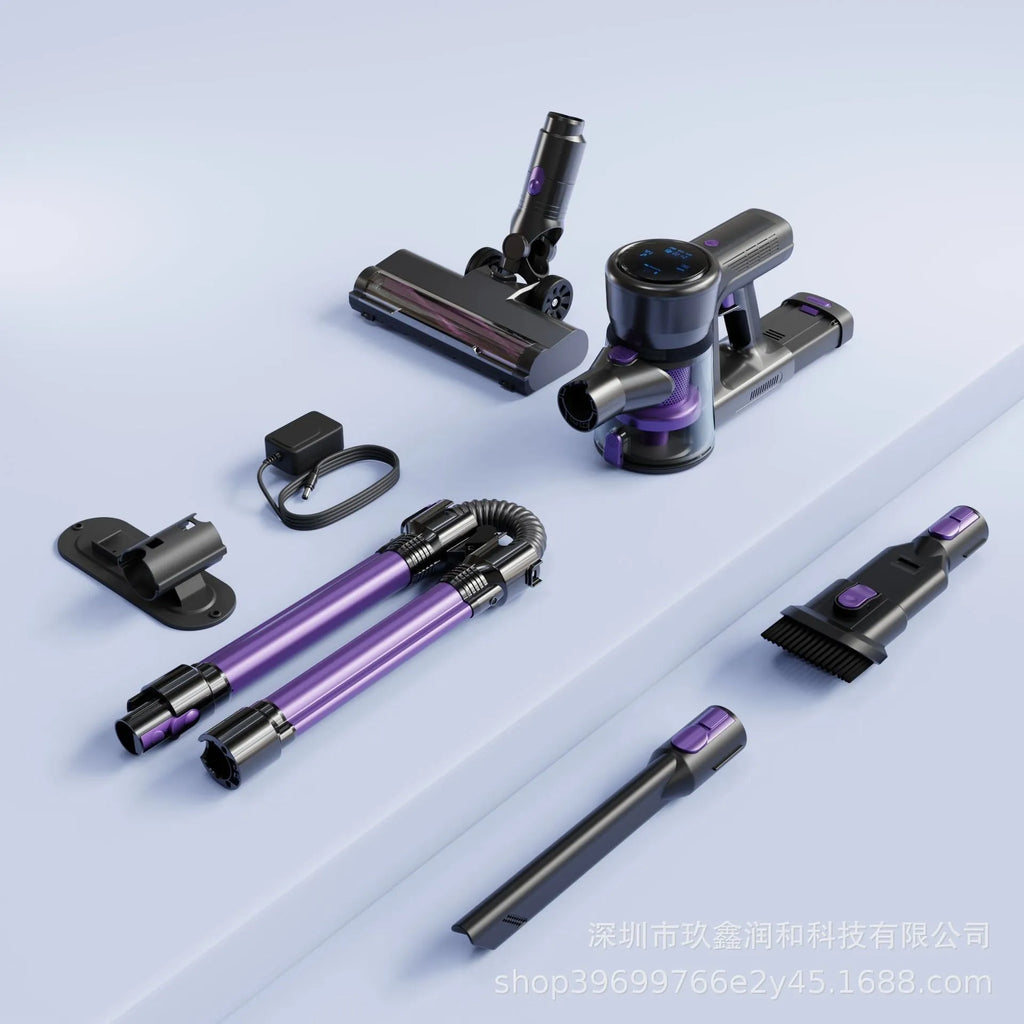 Black and purple brushless foldable handheld vacuum cleaner on a plain background