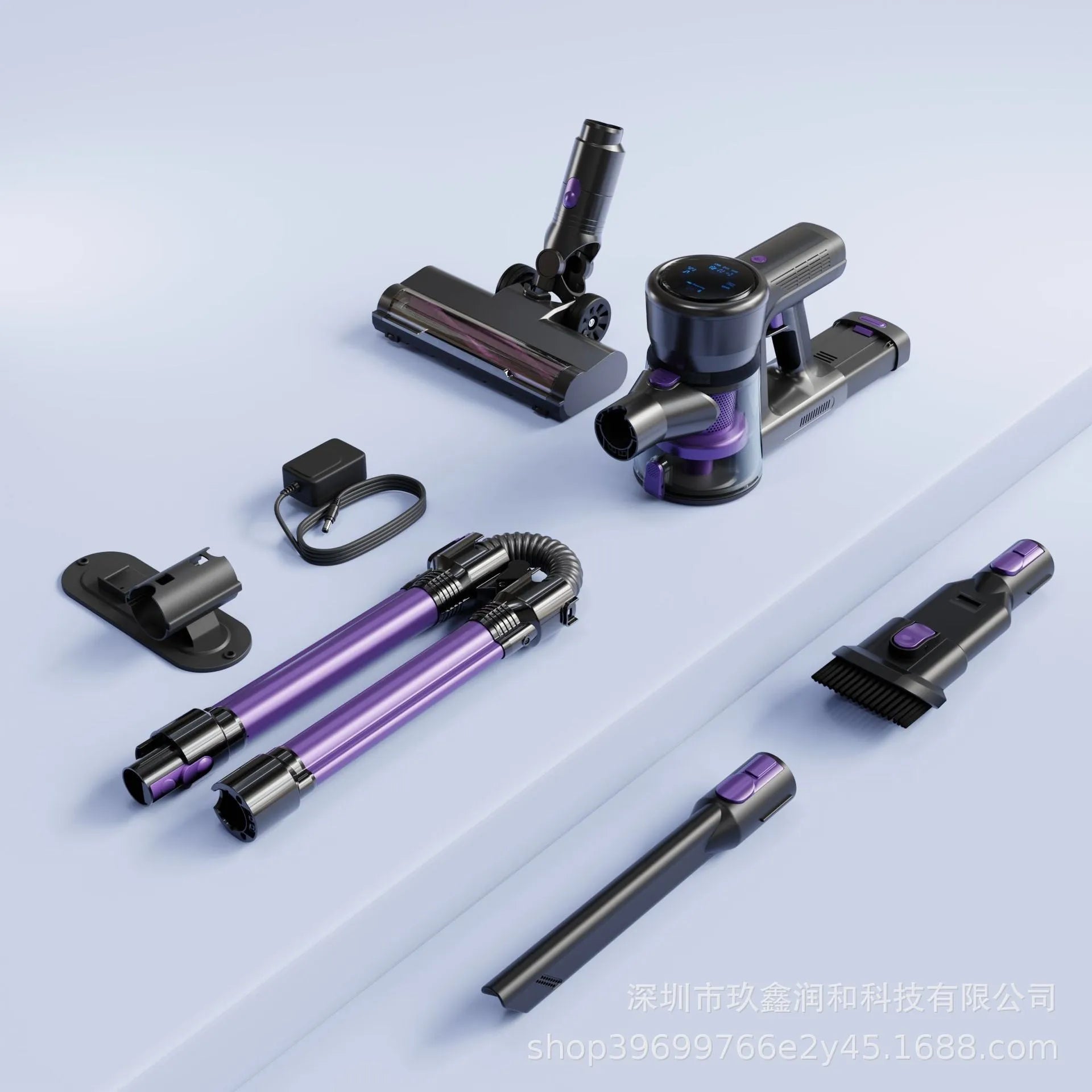 Black and purple brushless foldable handheld vacuum cleaner on a plain background