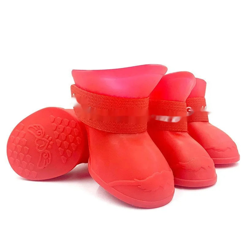 Rubber pet rain shoes in multiple colours with soft-soled anti-slip design for waterproof paw protection