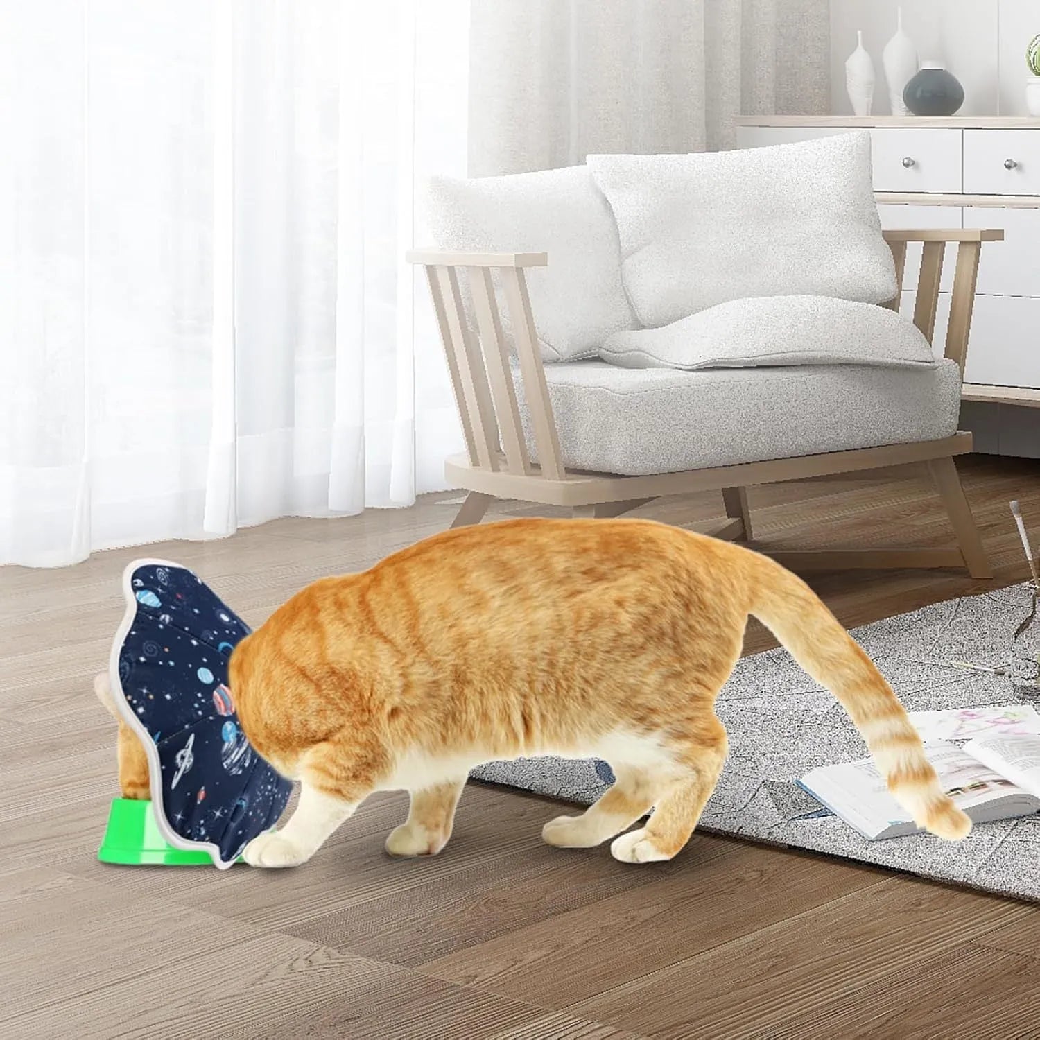 Soft adjustable cat recovery cone collar in constellation design with circular fastener