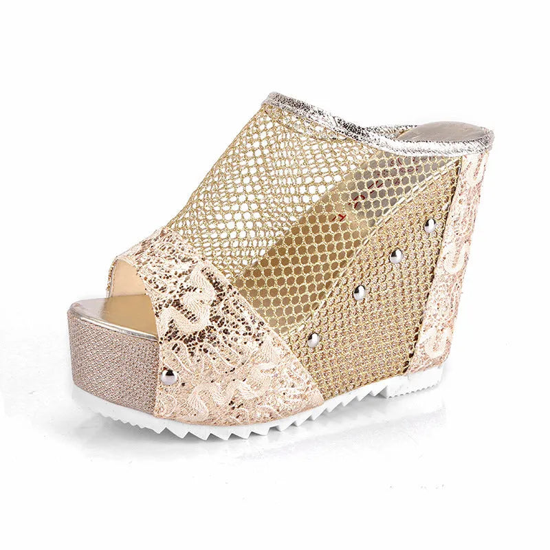 Korean chunky heel platform flip flops with hollowed-out heel design in black, silver, and gold colours