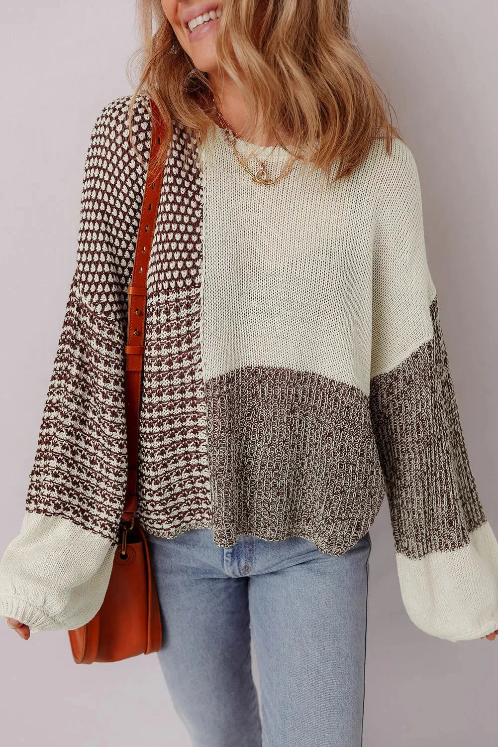 Dark khaki drop shoulder loose sweater with colour block design and a back tie.