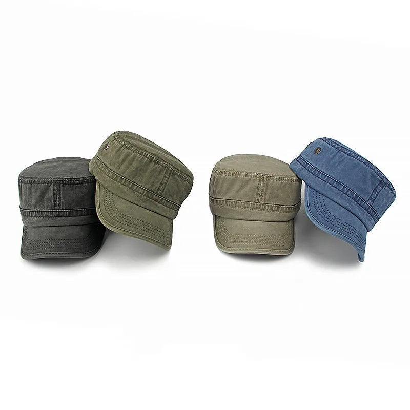 Flat top military style cotton cap shown in army green colour with an adjustable back strap.