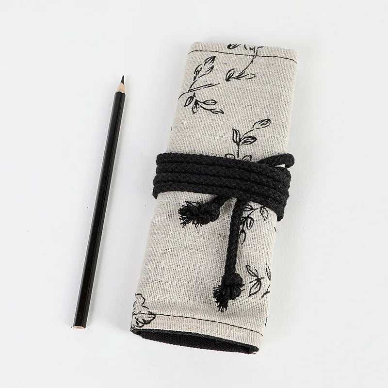 Japanese printed canvas rolling pencil case with Black Peony pattern, square shape, cotton and linen fabric, multiple hole sizes for pens