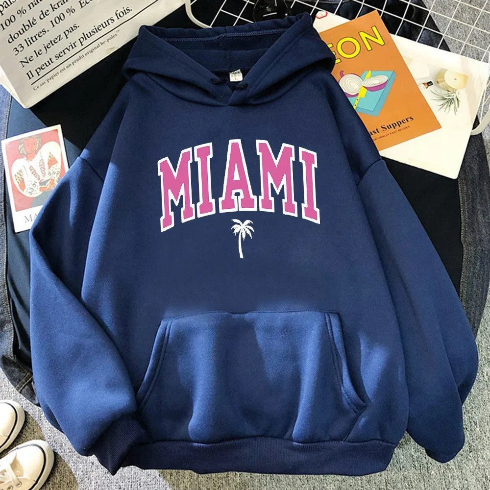 Women's loose pullover hoodie in polyester, shown in multiple colours including white, black, red and blue, sizes XS to XXXL
