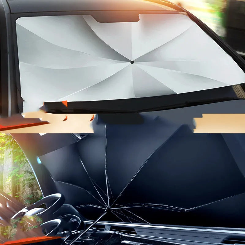 Car sun umbrella made from titanium silver glue and impact cloth with telescopic arms, resting on a car windscreen interior