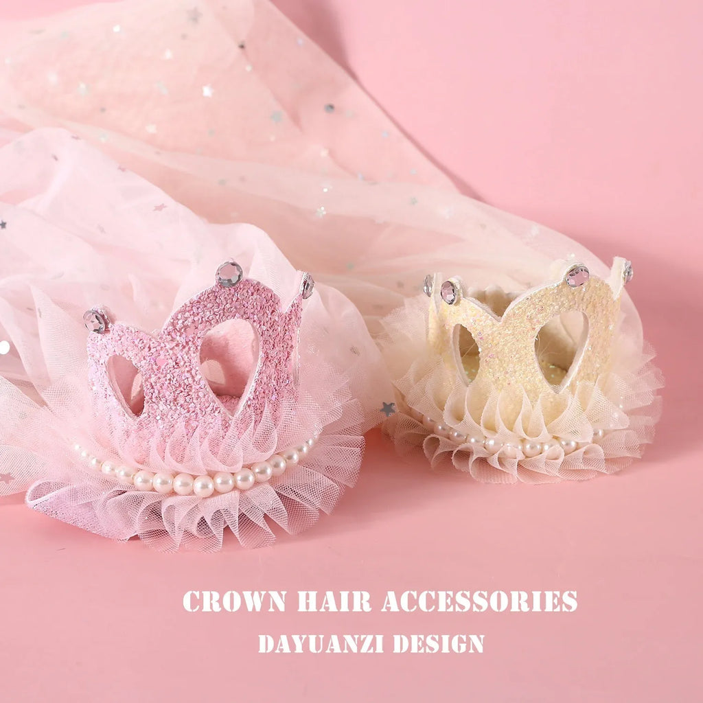 A cat wearing a princess crown headdress with a soft veil, available in beige or pink.