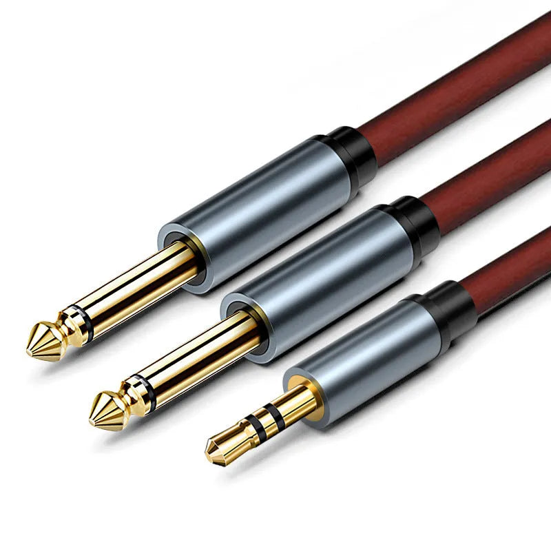 3.5mm to 6.5mm male-to-male audio cable with gold-plated connectors and black PVC sheathing
