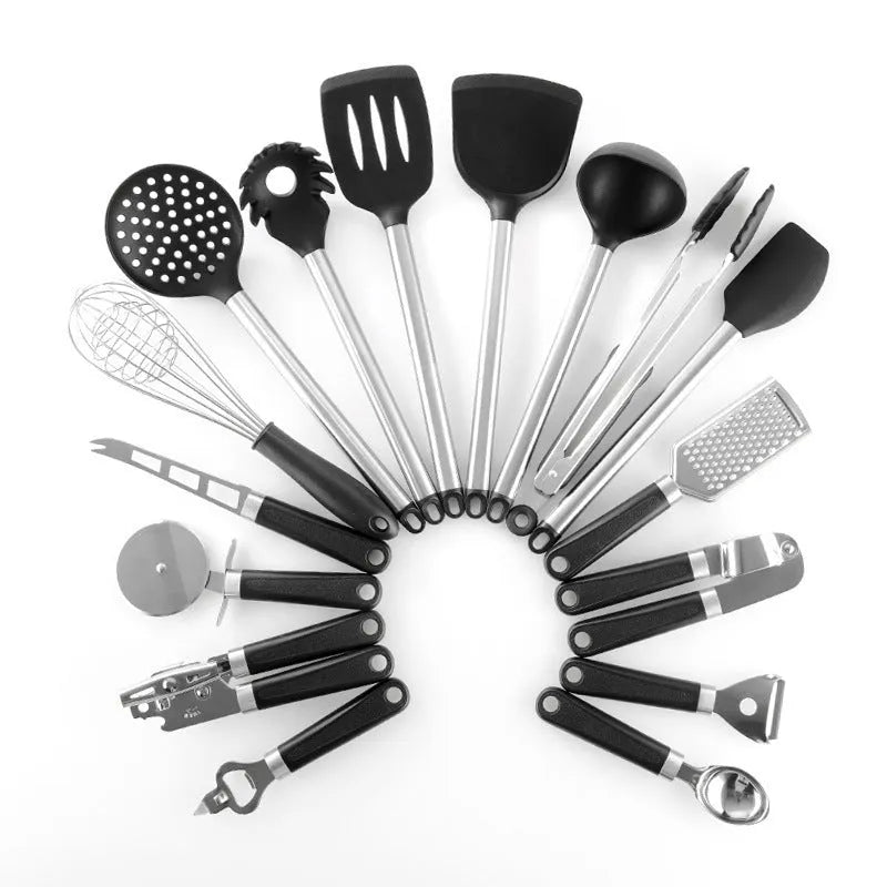 Black silicone kitchen utensil set with stainless steel handles including spatulas and spoons