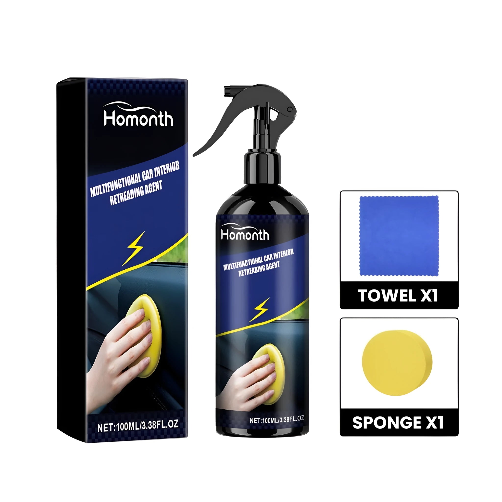 Car interior retreading kit with 7cm bottle, yellow sponge, and microfibre towel for dashboard and seat refurbishment