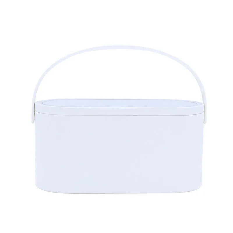 Portable LED light storage box makeup mirror in pink with aluminium lens