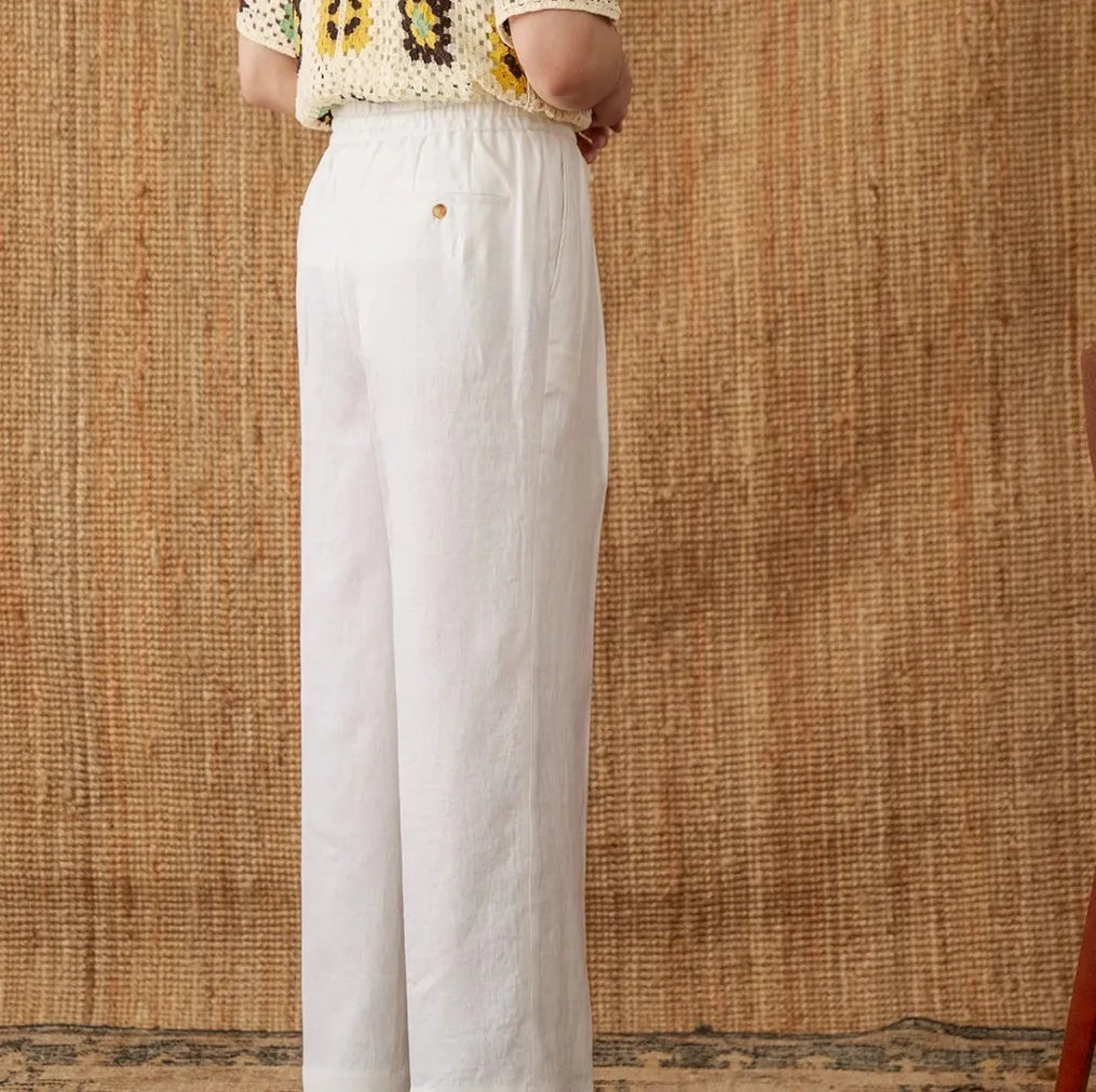 Women's linen trousers with lace trim and elastic waist in straight-leg fit