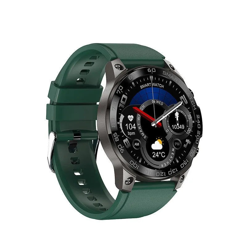 Round dial sports watch with AMOLED screen and silicone strap showing Bluetooth calling and fitness tracking features