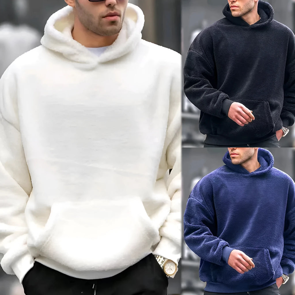 Men's lamb wool fleece-lined hooded sweater in solid colour with patch pockets, loose fit, available in white black navy blue