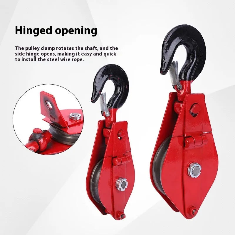 Red industrial forged steel lifting pulley with safety latch on hook for general load lifting.