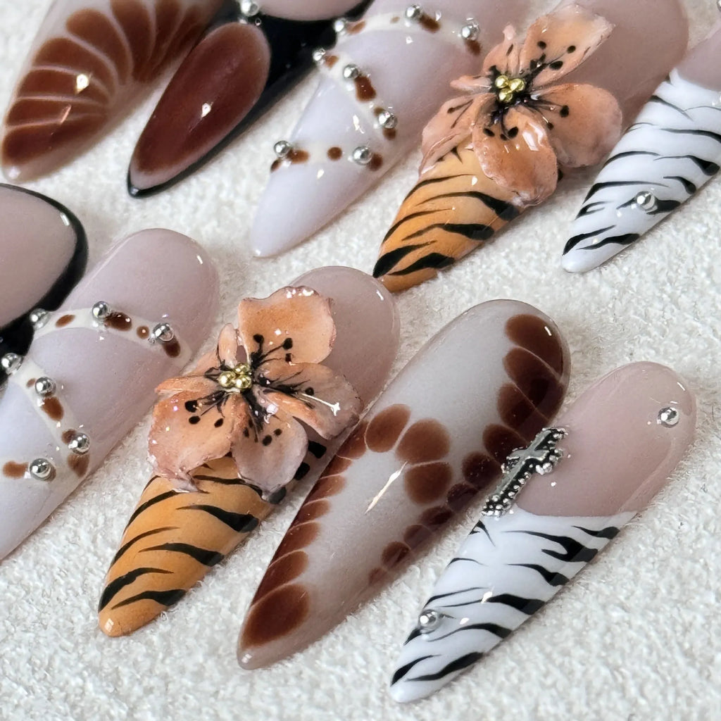 Handmade French style leopard print nail stickers with cross and flower designs in sizes XS S M L