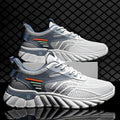 Men's white blue and black platform casual running shoes with cross shoulder straps and a rubber sole.